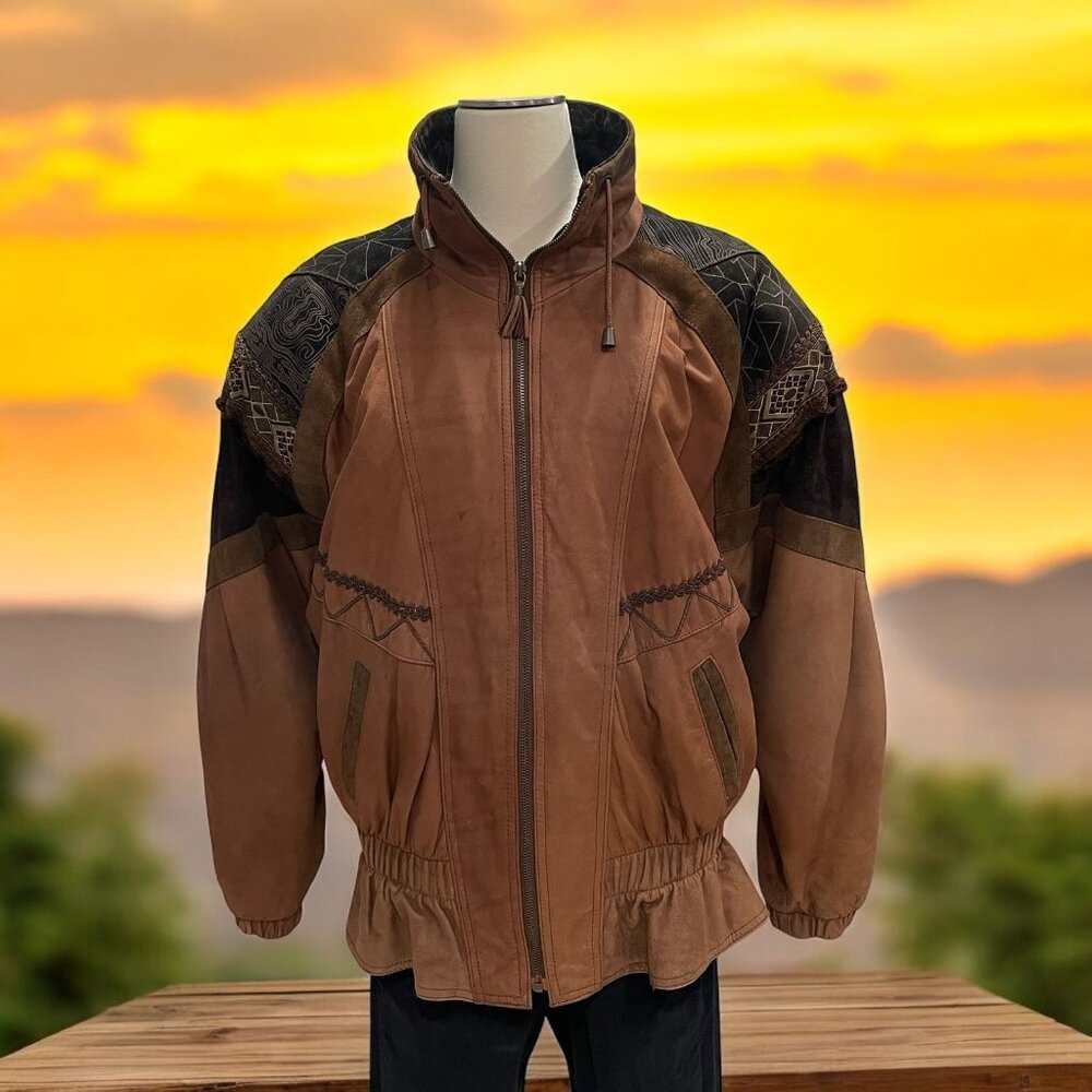 Vintage‎ Genuine Leather Jacket Unique Patterned Patchwork Oversized Bomber M